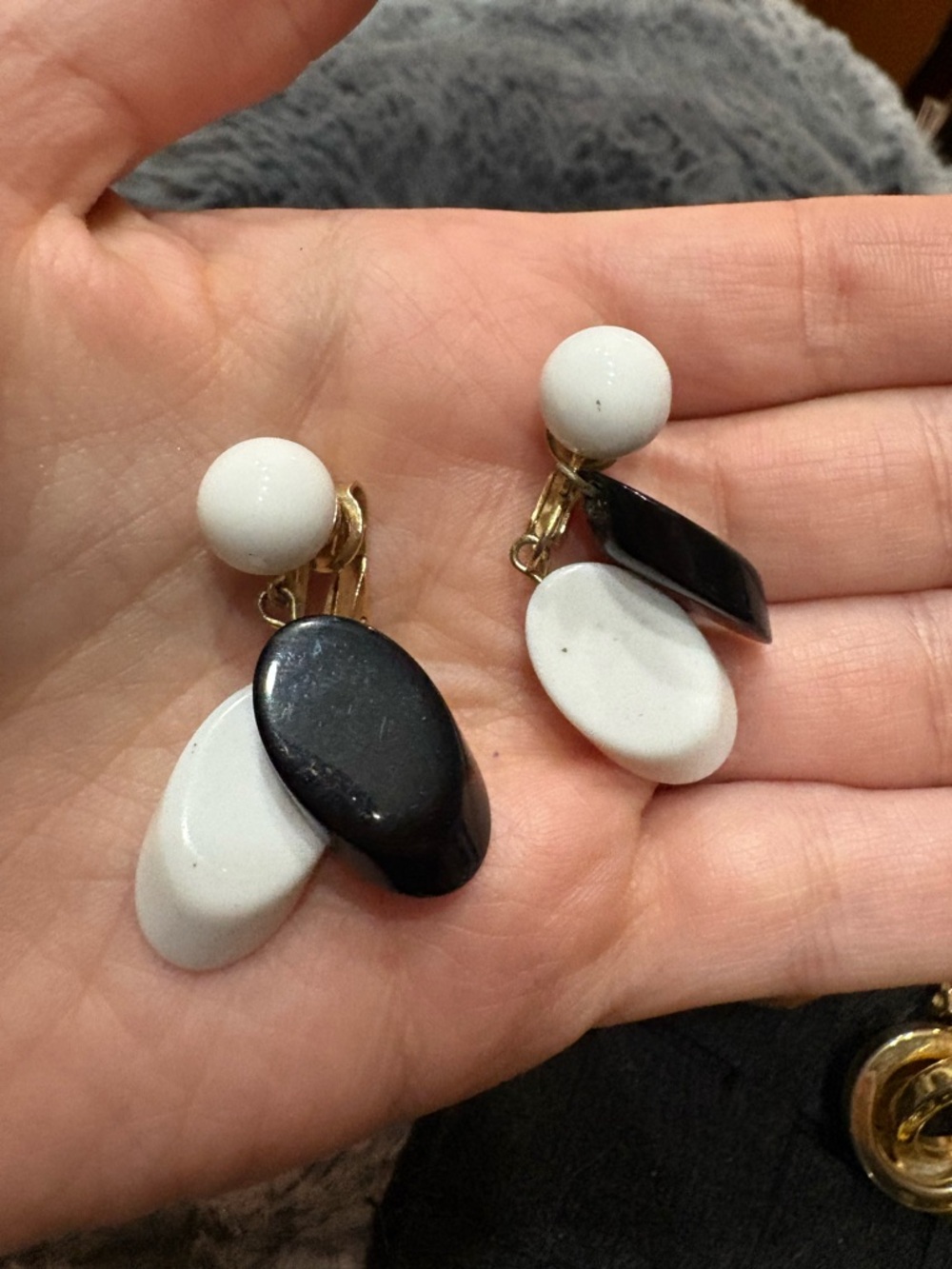Trifari Black and White Drop Clip-On Earrings